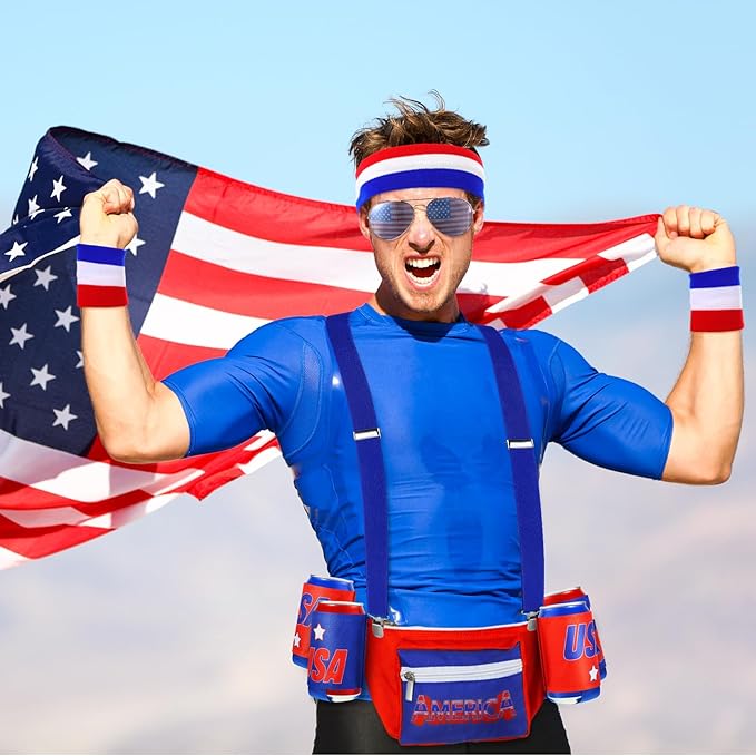 Sweetude America Fanny Pack USA 4th of July Patriotic Beverage Beer Belt Costume Set Outfit Accessories with Drink Holder Sunglasses Striped Sweatband Men