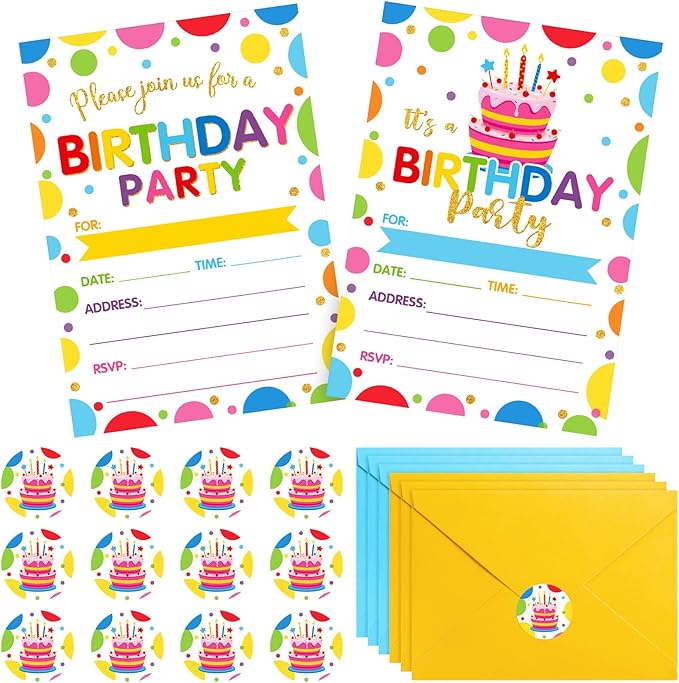 Colarr 24 Pack Birthday Invitations with Envelopes and Stickers Birthday Party Invitations Cards for Baby Shower Party Favors Supplies