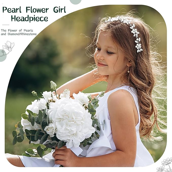 Flower Girl Headpiece, Flower Girl Hair Accessory, Silver Wedding Headband for Girls, Princess Crystal Pearl Hair Accessories for Birthday, Party, First Communion,Wedding