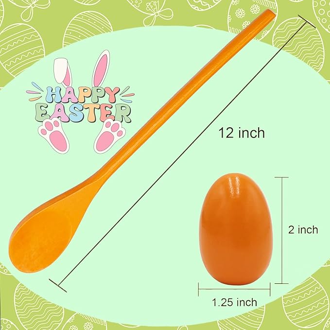 12 Wooden Easter Eggs and 12 Wooden Spoon Race Game Set, 12 Sets, Multi-Player Carnival Game for Kids & Family Activity Holiday Outdoor Yard Easter Egg Hunt Birthday Party Lawn Games