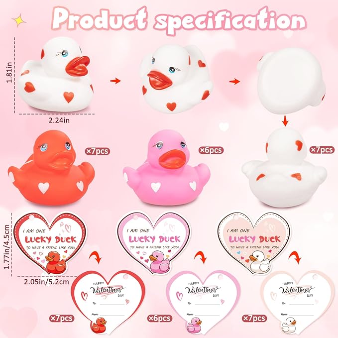 20pcs Rubber Ducks with Cards Gift Valentines Day Party Favors Small 2.36” Assorted Pink Red White Squeaky Duckies in Bulk with Love Heart Cards Treats Giveaways for Kids Cupcake Topper