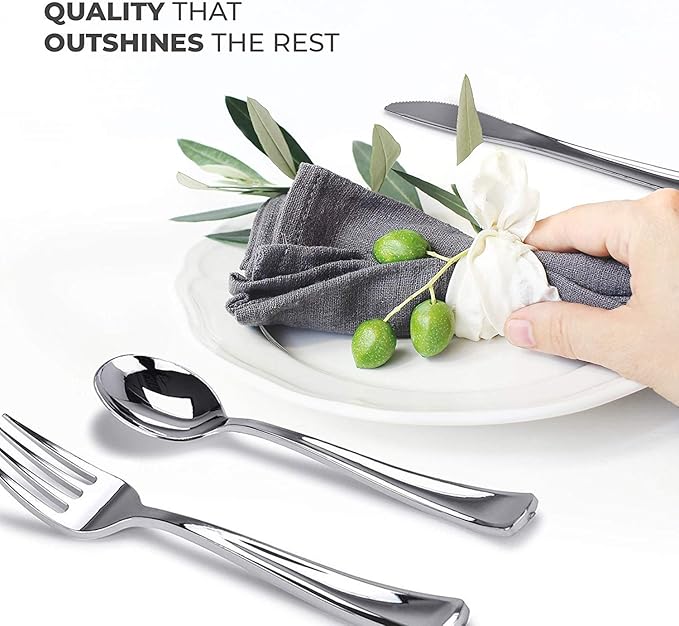 Silver Plastic Silverware Set (400-Pack) – Disposable Heavy Duty Cutlery, 134 Forks, 134 Knives, 134 Spoons for Parties, Weddings, Dinners & Holidays