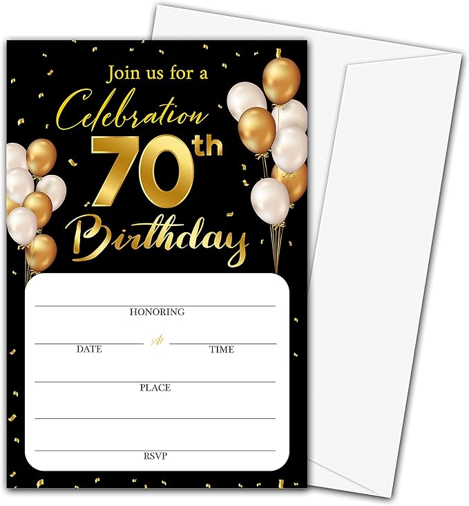 70th Birthday Invitation Cards with Envelopes - Classic Gold Theme Fill in The Blank Birthday Party Invite Cards, for Man, Woman Entertain Banquet Party Supplies, 20 Invites With Envelopes - B18