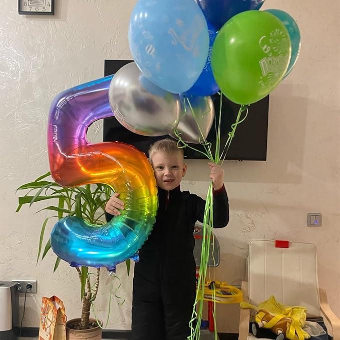 40 Inch Rainbow Number Balloon 5, Large Number Foil Balloons Mylar for Girl Boy Birthday Party Celebration Decorations Supplies, Digital Balloons for Wedding Anniversary Events Decorations
