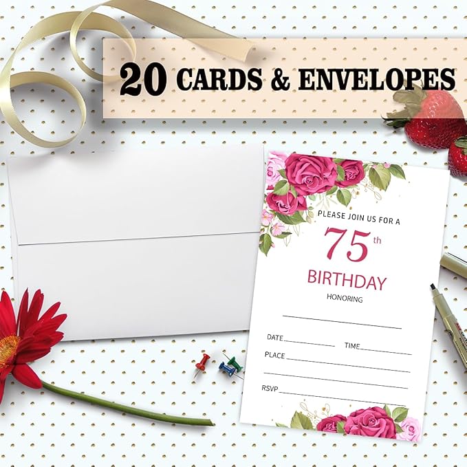 75th Rose Floral Birthday Invitation Cards for Women Men, 75 Years Old Birthday Invites for Adult, Party Supplies Favors, 20 Cards With 20 Envelopes -10