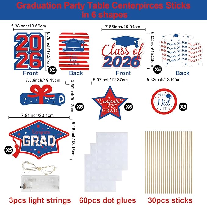 OuMuaMua Graduation Decorations Class of 2026-30pcs Red and Blue Graduation Table Centerpieces Sticks Table Toppers with Lights for College High School Congrats Grad Party Supplies