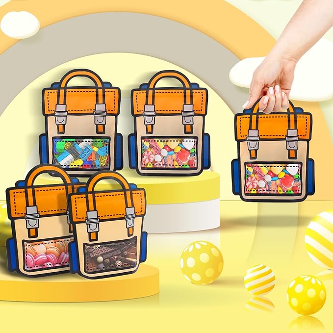 EONSUI 30PCS Plastic Cartoon Backpack Shaped Goodies Bags with Handles for Kids Birthday, Back to School Supplies, Baby Shower, Party, Wedding, Reusable Bulk Gift Wrapper for Candy, Snacks, Chocolate