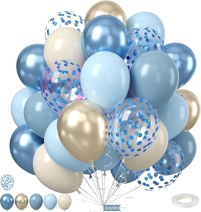 Dusty Baby Blue Balloons, 50Pcs 12 Inch Light Blue White Metallic Gold Confetti Birthday Balloons for Boy Baby Shower Birthday Party Wedding Anniversary Bridal Engagement Graduation Decorations