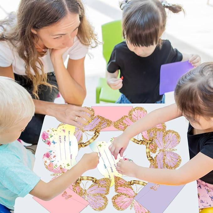 Qyeahkj 36pcs Butterfly Birthday Invitations for Girls with Envelopes Stickers Cards Floral Butterfly Party Celebration Party Supplies Favors for Kids Boys Baby Shower Wedding Decorations