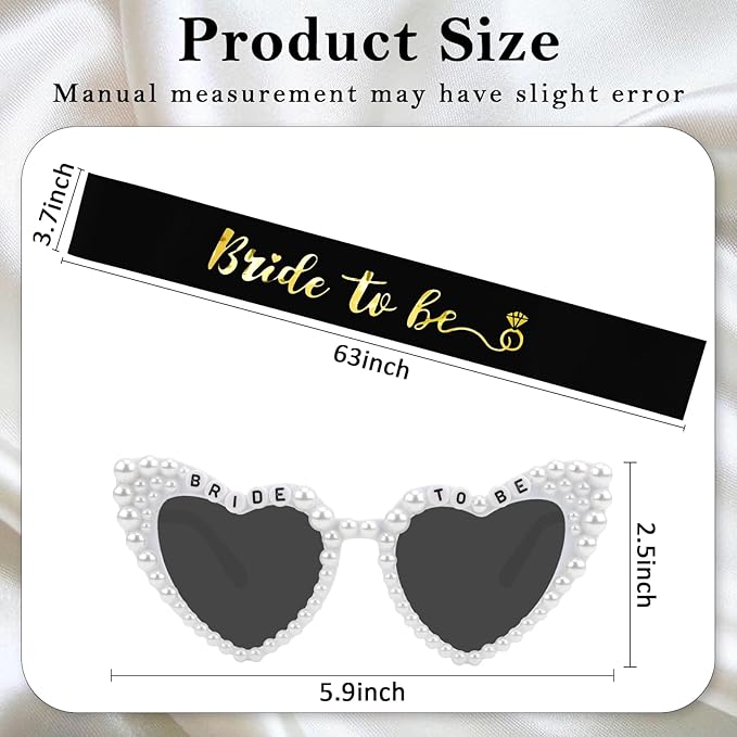 Bride to Be Set: Pearl-Trimmed Heart Sunglasses, Pearl BRIDE Sash & Tulle Veil - Bachelorette Party Bridal Accessories