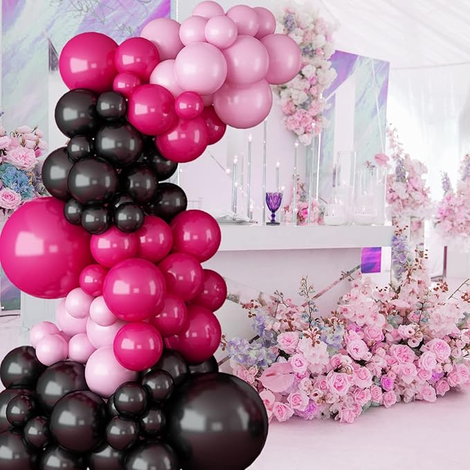 Hot Pink Black Balloon Garland Arch Kit,Rose Red Black and Pink Latex Balloons for Baby Shower Wedding Birthday Graduation Anniversary Bachelorette Party Background Decorations