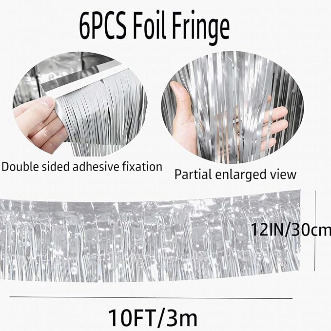 Silver Foil Fringe Garland 6Pcs 10 Feet Metallic Tinsel Hanging Curtain Glitter Backdrop Banner for Parade Floats Christmas Wedding Party Decorations