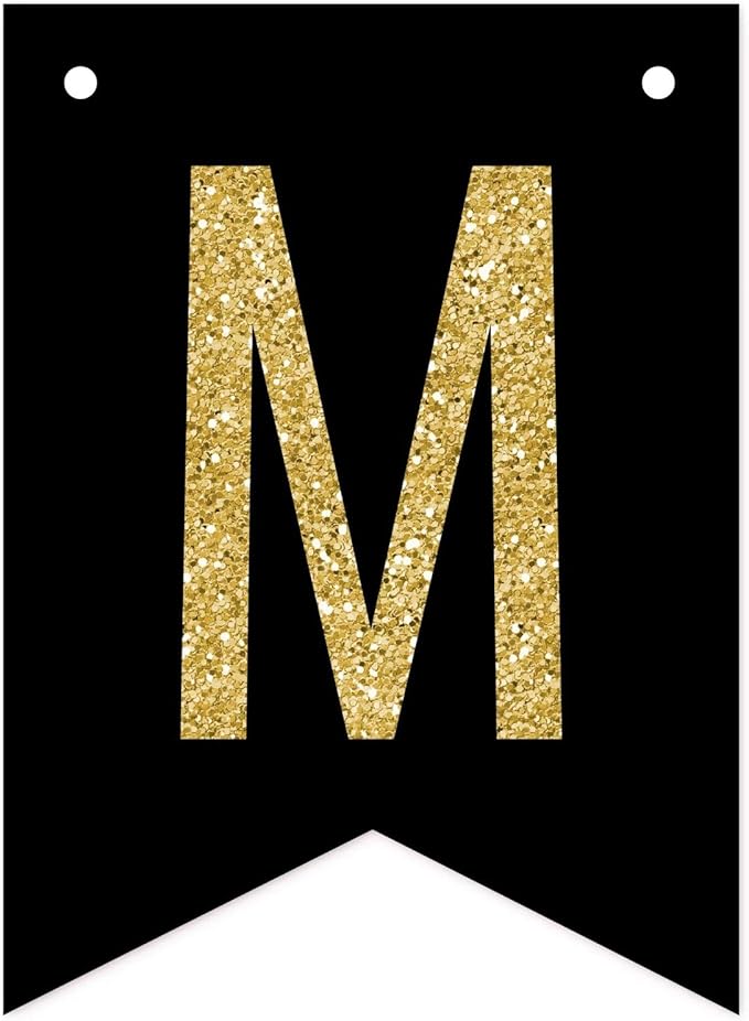 Andaz Press Faux Gold Glitter on Black Birthday Party Banner Decorations, Mis Quince, Approx 5-Feet, 1-Set, Quinceanera 15th Birthday Colored Hanging Pennant Decor