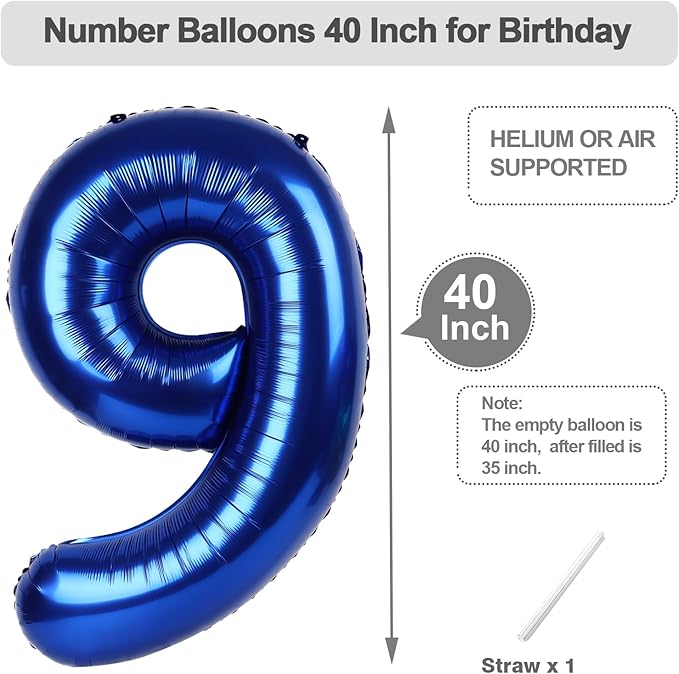 Navy Blue 9th Birthday Balloon, Foil 40 Inch Happy 9 19 29 90 Birthday for Men And Women, Foil Balloons Decoratins for Wedding Anniversary, Single, New Year, Halloween Party Syupplies