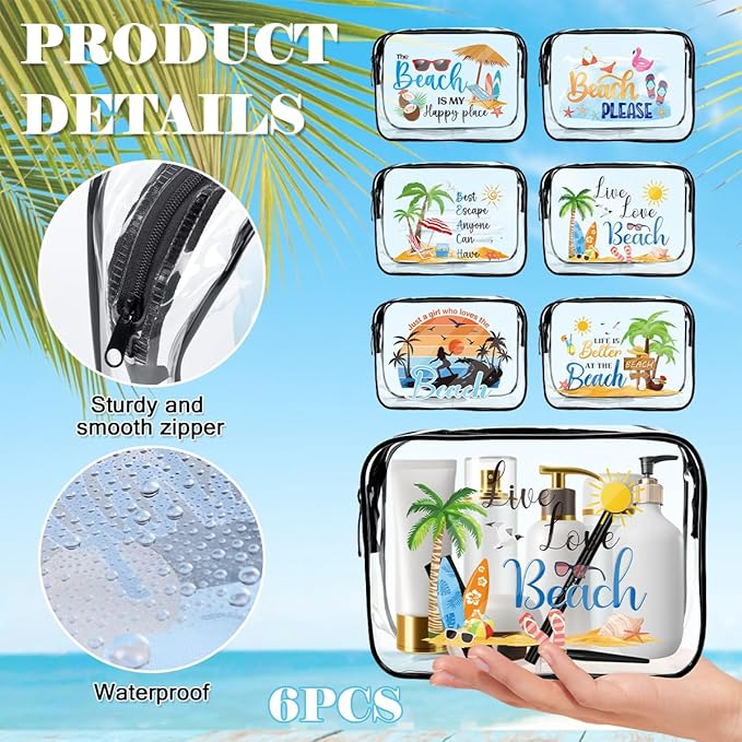Clear Makeup Bags Gifts - 6 pcs Beach Cosmetic Bags Gifts for Women Teacher Dancer Nurse Friends Summer Beach Vacation Essentials Waterproof Travel Toiletry Organizer Foldable Zipper Pouches