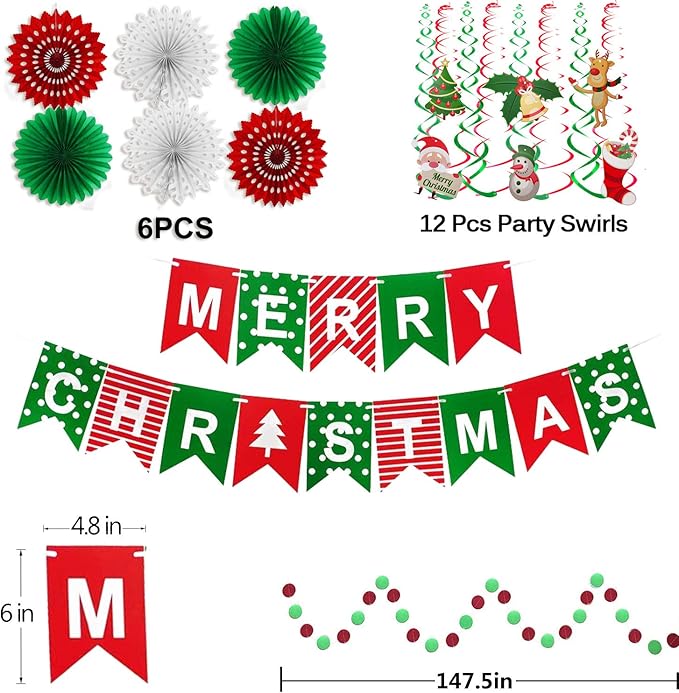 FECEDY Merry Christmas Banner Paper Fan Flower Circle Confetti Dots Hanging Garlandand Swirl Streamers Christmas Tree Christmas Snowman God Tang for Christmas Party Decoration