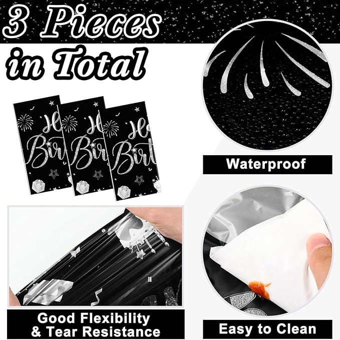 Tudomro 3 Pcs Happy Birthday Tablecloths Happy Birthday Party Decorations Plastic Table Cover Rectangular Cloths for Women Men Baby Shower Party Supplies, 108 x 54 Inch (Black Silver)