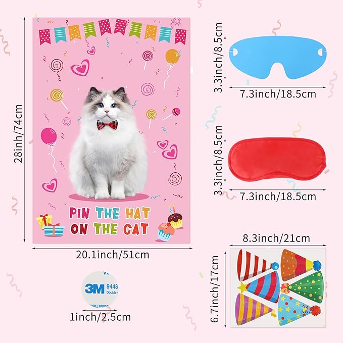 Pin The Hat On The Cat Party Game Cat Birthday Party Games for Kids, Cat Birthday Party Supplies Decorations for Girls Boys, Large Pin The Tail Poster with 54 Hat Stickers