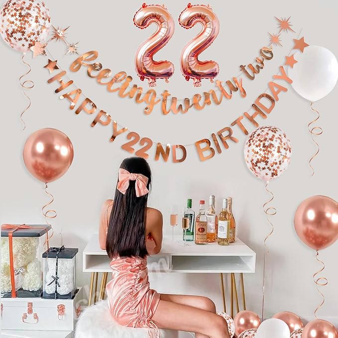 Rose Gold 22nd Birthday Banner, Garland, Foil Balloon, Decorations, Hanging, Cheers to 22 Years Old Party Supplies Backdrop
