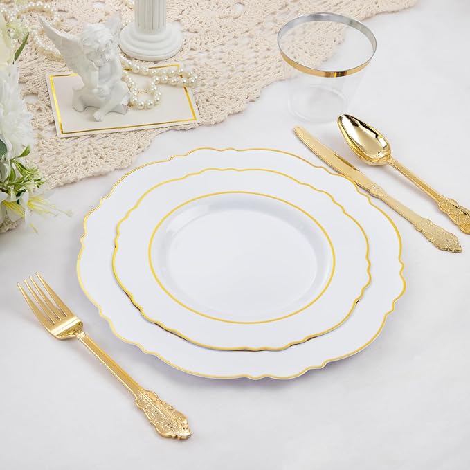 Liacere 350PCS Gold Plastic Plates-Disposable White and Gold Plates 50guest Baroque Plastic Dinnerware include 100Plates, 50Pack Pre Rolled Napkins with Silverware 50Cups for Wedding & Easter Day