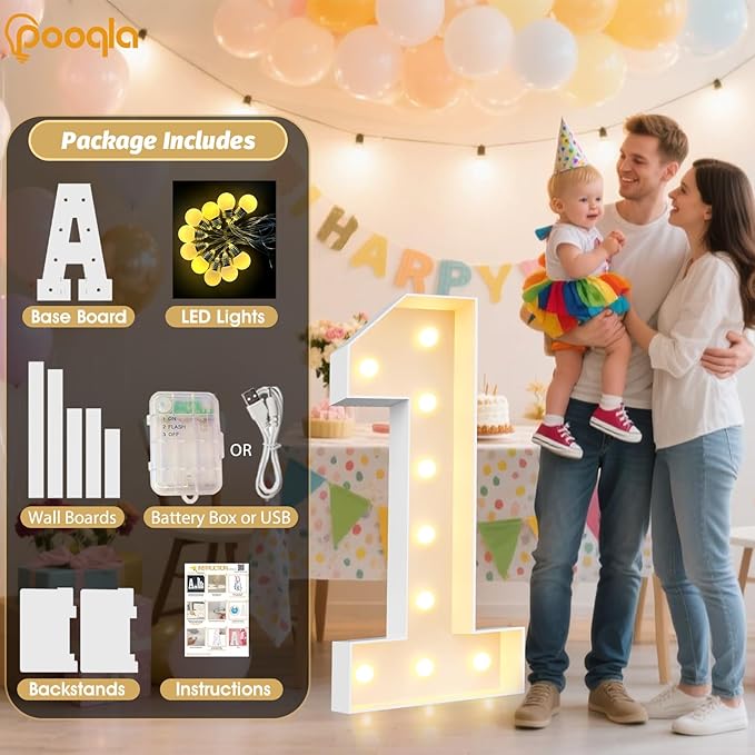 Pooqla 4 FT Light Up Marquee Numbers, Cool White and Warm White LED Large Lighted Marquee Numbers, Giant Mosaic Light Up Numbers for Balloons 8th 18th 80th Birthday Party Decoration, LED Number 8
