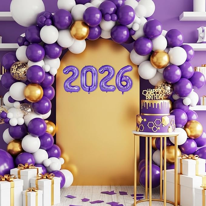 TONIFUL 2026 Purple Foil Number Balloons 16 Inch Purple Number Banner 2026 Graduation Aluminum Foil Mylar Balloons for New Year Eve Christmas Anniversary Party Supplies