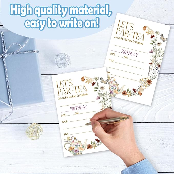 Let's Par-Tea Birthday Invitations, 25 Floral Tea Party Invites Cards with Envelopes, Double-Sided Fillable, Birthday Invitations for Teens Adults, Birthday Party Supplies (4 x 6 Inch) -A18