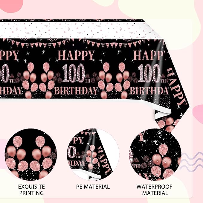 3 PCS Happy 100th Birthday Tablecloth for Women Black and Rose Gold Theme Decorations Plastic Disposable Table Decorations for Women Anniversary Celebration Party Supplies