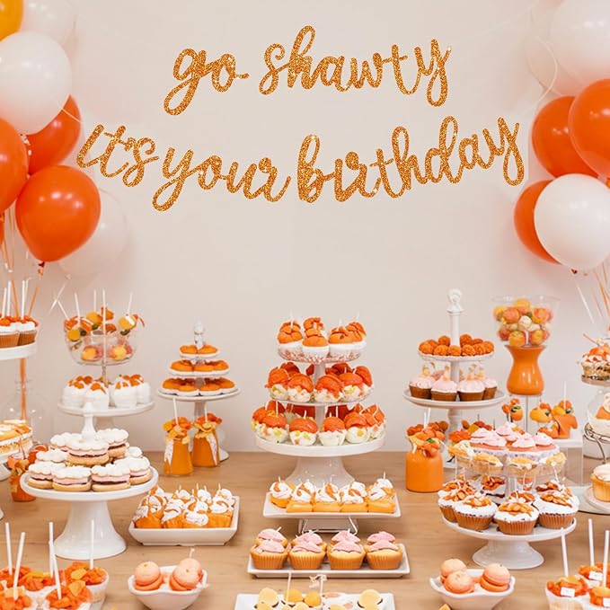 BEISHIDA Go Shawty It's Your Birthday Banner NO DIY Hip Hop Theme Happy Birthday Banner Pre-Strung Rap Theme Happy Birthday Sign for Man Women birthday Party Supply Glitter Orange