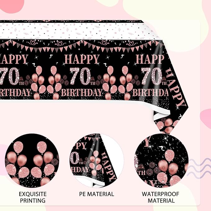 3 PCS 70th Birthday Tablecloth Decorations for Women Black and Rose Gold Theme Tablecloth Party Favors Seventy Years Old Plastic Disposable Rectangular Table Cloth Decor