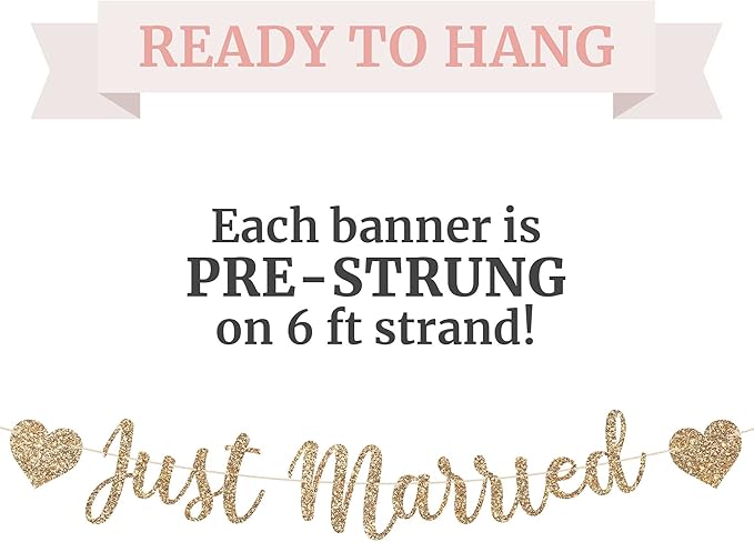 Pre-strung Just Married Banner - No DIY - Gold Glitter Wedding Party Banner in Script - Pre-strung Garland on 6 ft Strand - Gold Wedding Reception Party Decorations & Decor. Did We Mention No DIY
