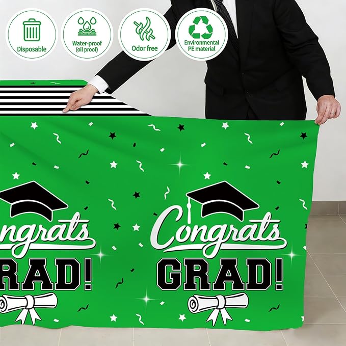 7-Pack Graduation Party Decorations Set, 3 Green Graduation Tablecloths 54x108in, 2026 And GRAD Balloons, 2 Foil Fringe Curtains for High School College Graduation Party Photo Booth