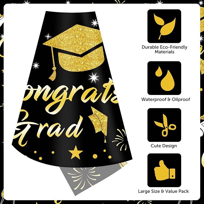 Graduation Tablecloth Party Decorations 2026, 3 Pack Thick Black and Gold 54"x108" Congrats Grad Disposable Table Covers Plastic Cloth Tablecover for College High School Class of 2026 Party Supplies