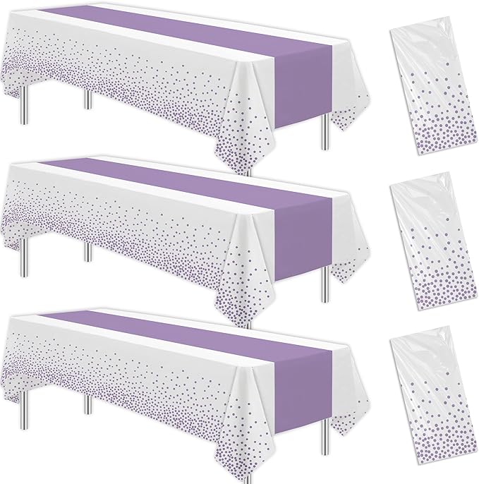 White and Purple Party Decorations Tablecloth, 3 Pack Disposable Purple Dot Table Cover Printed Table Runner for Birthday Baby Bridal Shower Wedding Anniversary Graduation, 86in x 55in