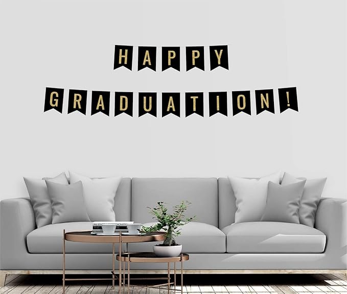 Andaz Press Faux Gold Glitter on Black Party Banner Decorations, Happy Graduation!, Approx 5-Feet, 1-Set, Colored Hanging Pennant Decor