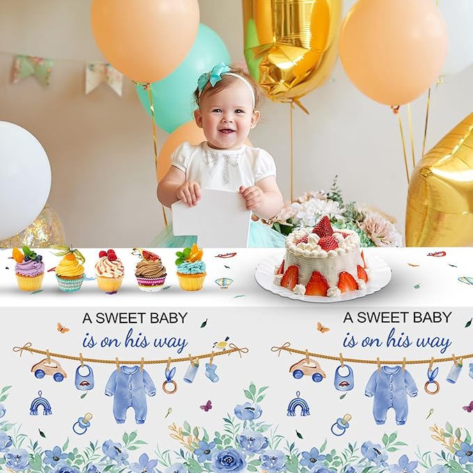 3 Pcs Baby Shower Decorations Boy A Sweet Boy is On His Way Party Supplies Blue Table Cover,Gender Reveal Table Cloths Decorations,55in x 86in