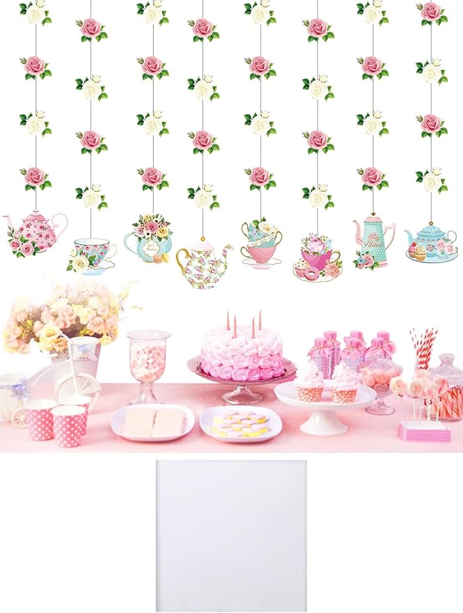 Faccito Floral Tea Party Decorations Double Sided Tea Party Hanging Garland Decor for Baby Shower Gender Reveal Bridal Wedding Favors Girls Women 32", 8 Pack