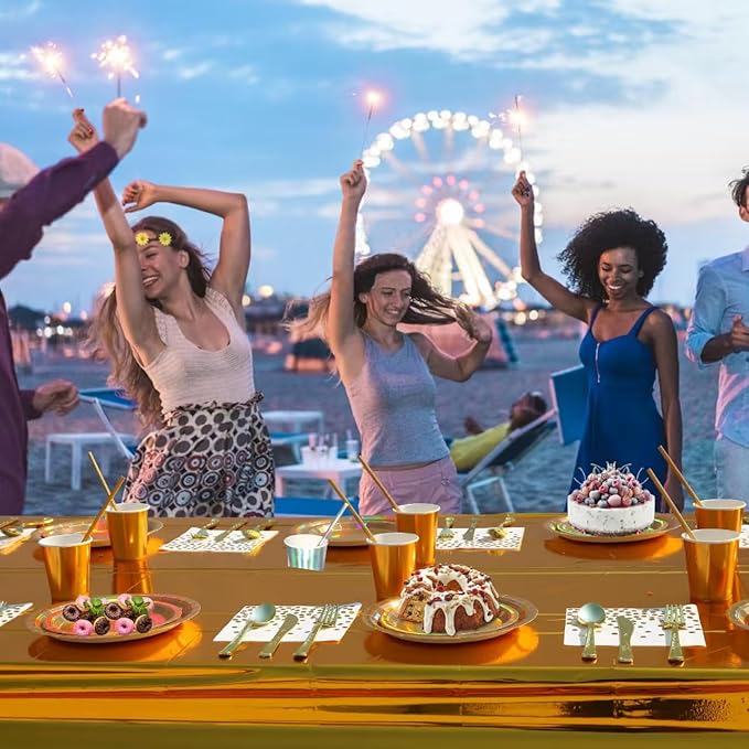 201-piece disposable party tableware set with paper plates, cups, napkins, straws, tablecloths, plastic knives, forks and spoons for a variety of party occasions for up to 25 people (Golden Rainbow)