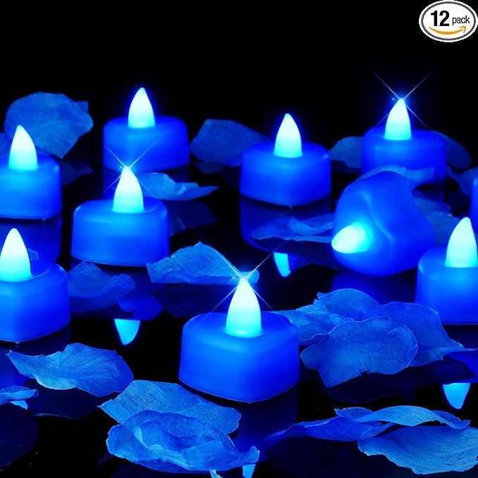 Amagic 1000 Pieces Blue Artificial Rose Petals with 12 Blue Heart LED Tea Lights, Rose Petals, and Candles Set for Proposal, Anniversary, Romantic Night, Wedding Decor