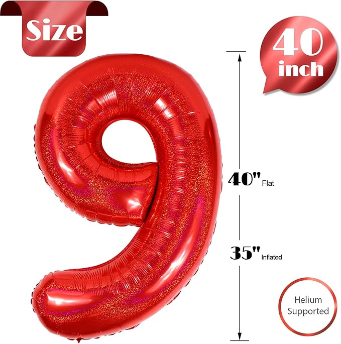 Laser Red 9 Balloon, Number Balloons 40 Inch, 9th Giant Birthday Decorations for Girls,19th 29th Party Decorations Supplies, Number 9 Balloon
