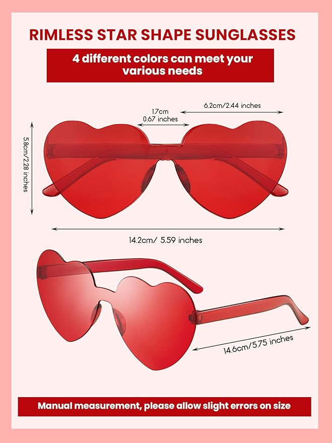 Weewooday 40 Pairs Heart valentines Glasses Rimless Heart Shaped Frameless Sunglasses Transparent Sunglasses Tinted Eyewear