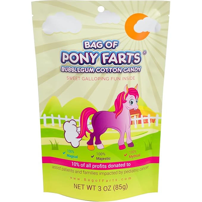Bag Of Pony Farts Cotton Candy, Bubblegum flavor, Funny for All Ages Unique Birthday for Friends, Mom, Dad, Girl, Boy Funny Easter Basket Stuffer Gag Gift, 3 ounces / 1 pack