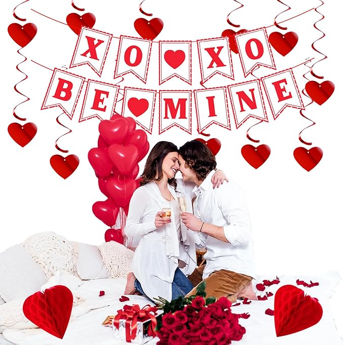 Galentines Party-Decoration Valentines-Day Heart Garland - 25pcs Red Paper Streamers Honeycomb Fans XOXO BEMINE Banner, Anniversary Baby Shower Wedding Love Hanging Supplies Decor Hugfond