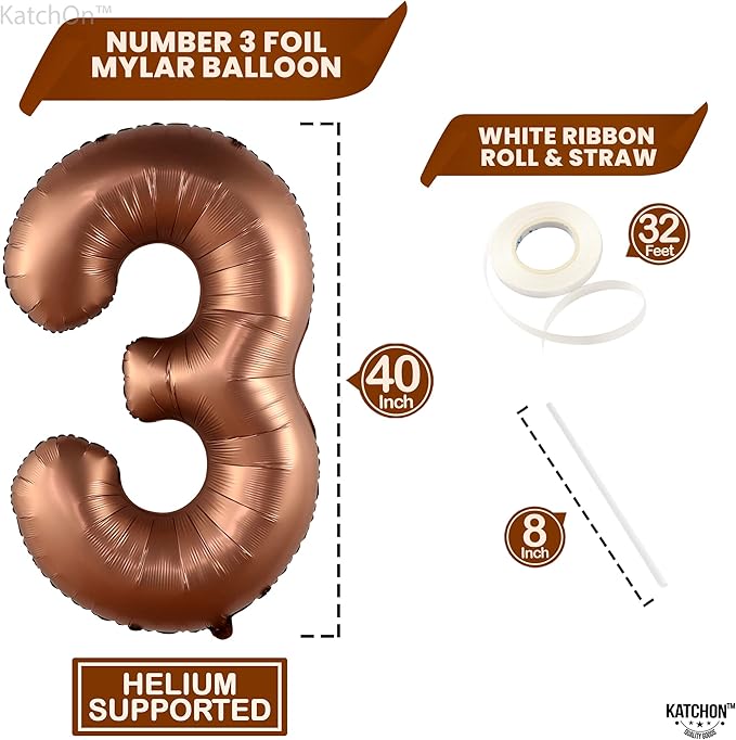 KatchOn, Coffee Brown Number 3 Balloon - 40 Inch | Big Brown 3 Balloon Number, Party Decorations for Girls | 3rd Birthday Decorations for Boys | 3 Foil Balloons, Safari Birthday