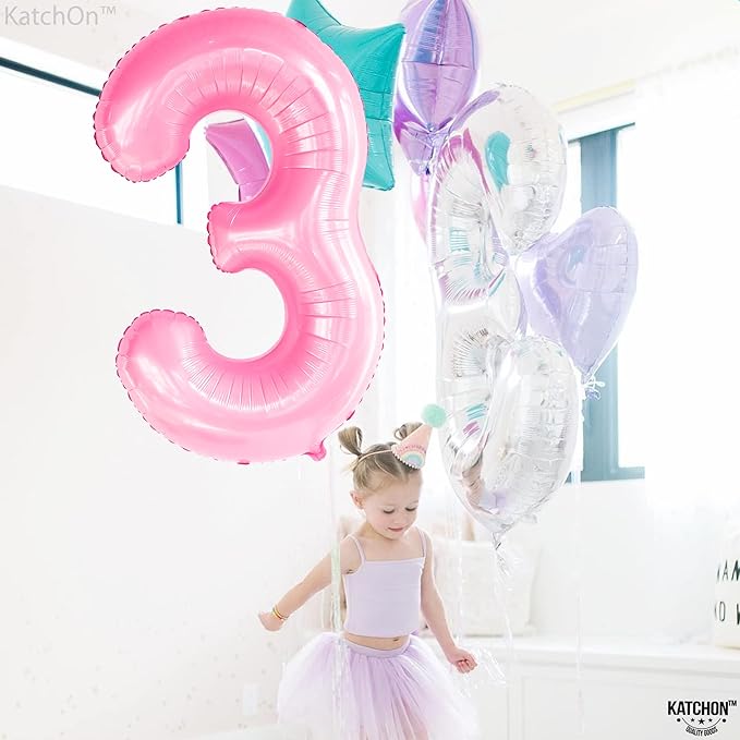 KatchOn, Large Pink Number 3 Balloon - 40 Inch | Mylar Foil Balloon For 3rd Happy Birthday Decorations | Pink Number 3 Balloon For 3rd Anniversary Decorations | Birthday Party Decoration