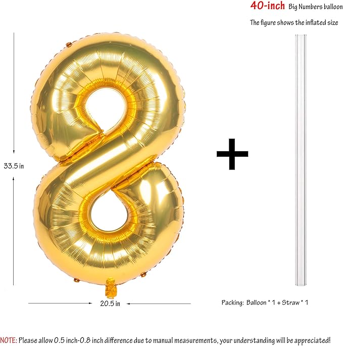 40 Inch Large Gold Number Balloons 8 Aluminum Foil Mylar Big Number Balloons 0-9 Suitable for Gold Birthday Parties, Weddings and Anniversary Photography
