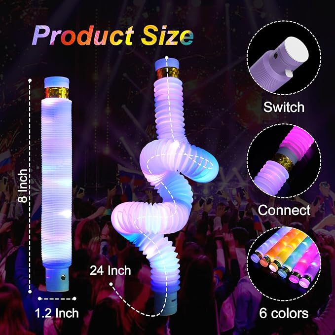 Light Up Pop Fidget Tubes Party Favors for Kids, 12 Pack Glow in The Dark Party Supplies Toddler Sensory Toys, Large Glow Sticks as Goodie Bag Stuffers and Birthday Party Pack Return Gifts for Kids