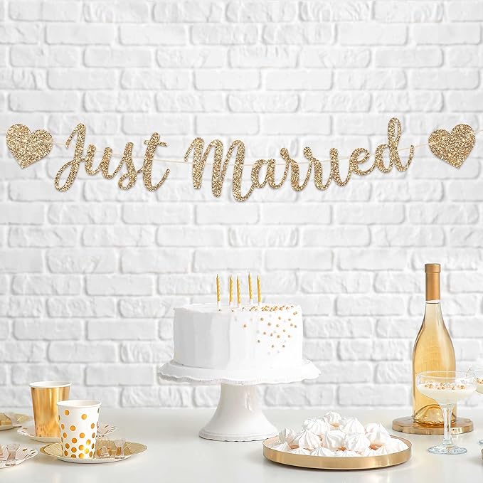 Pre-strung Just Married Banner - No DIY - Gold Glitter Wedding Party Banner in Script - Pre-strung Garland on 6 ft Strand - Gold Wedding Reception Party Decorations & Decor. Did We Mention No DIY