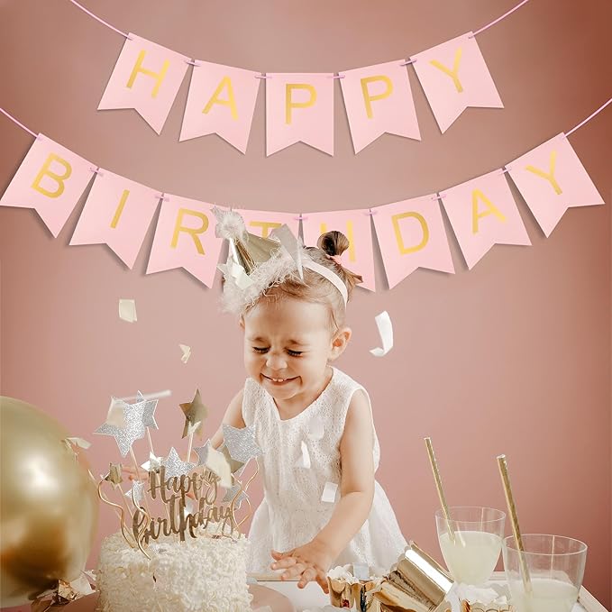 Pink Happy Birthday Banner - Hanging Backdrop Sign with Gold Letters, Happy Birthday Sign Bunting Decorations for Women men Kids Baby Shower Party Supplies (13pcs)
