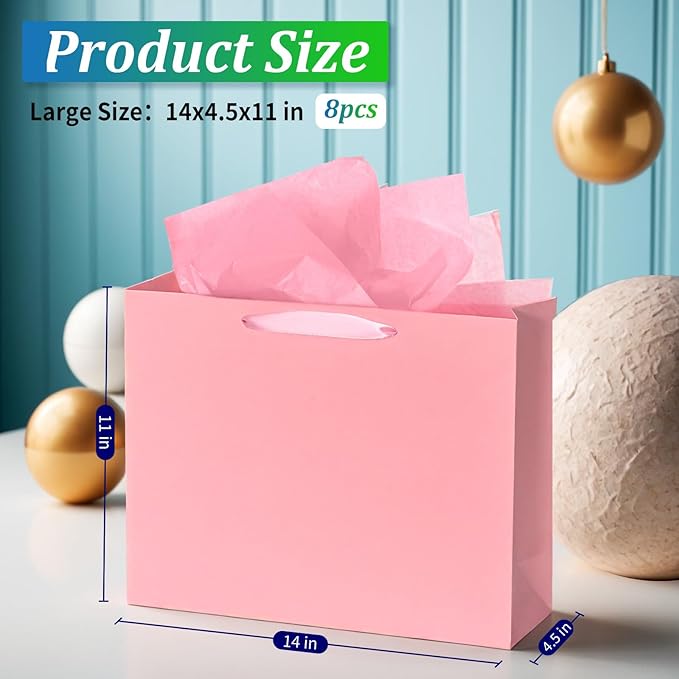 WrapNGo 8 PCS Gift Bags with 16 Tissues 8 Colors Party Favor Bags with Handles 14x4.5x11 Inch Goodie Bags for Valentine's Day, Party,Birthday,Baby Shower,Wedding, School Supplies and Gifts